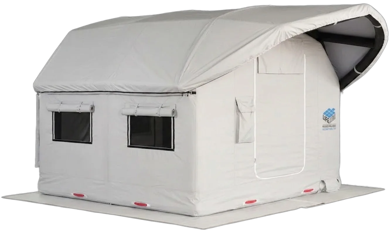The Life Cube Transformer inflatable shelter with its awning open